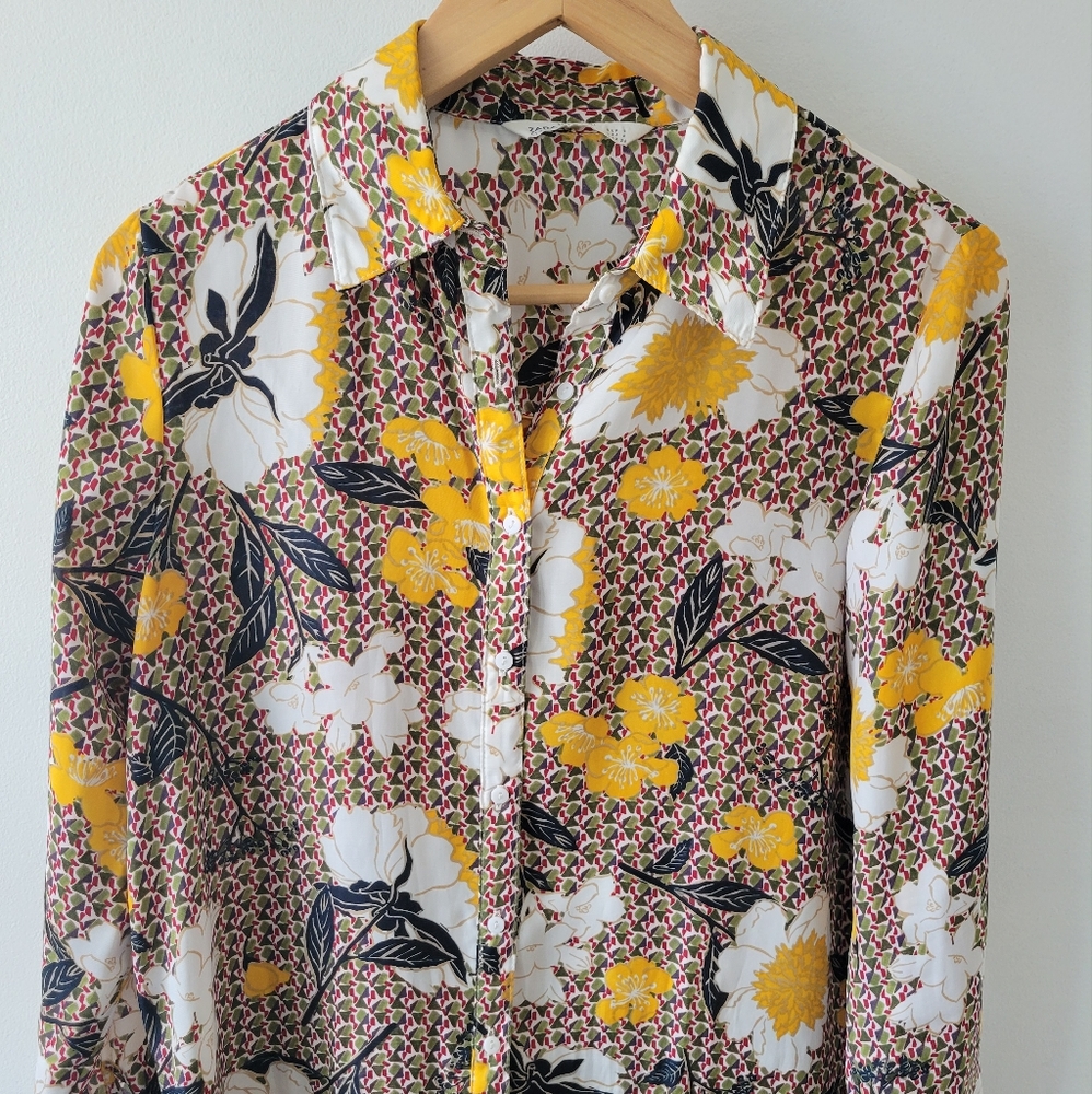 ZARA blouse green, burgundy w/ yellow floral print